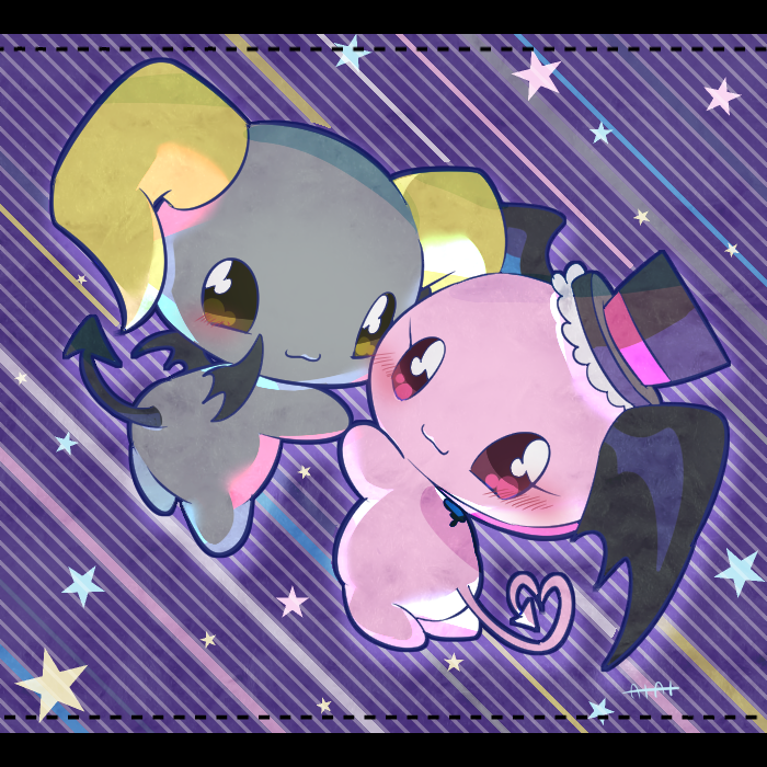 1boy, 1girl, :3, berry_(sanrio), blush, brown_eyes, cherry_(sanrio), chibi, chibi_only, chibikemo, commentary_request, creature, demon, demon_horns, demon_tail, demon_wings, fuwa_fuwa_cinnamoroll, hat, hiyoko_at, holding_hands, horns, letterboxed, lloromannic, pink_eyes, sanrio, star_(symbol), striped_background, tail, top_hat, wings