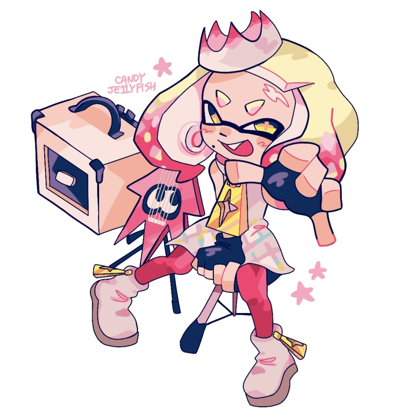 1girl, artist_name, black_gloves, blush, boots, candyje11yfish, commentary, crown, derivative_work, dress, electric_guitar, english_commentary, fingerless_gloves, foreshortening, full_body, gloves, gradient_hair, guitar, inkling, instrument, medium_hair, mole, mole_under_mouth, multicolored_hair, official_art_redraw, open_mouth, outstretched_arm, pantyhose, pearl_(off_the_hook_outfit)_(splatoon), pearl_(splatoon), pink_hair, pink_pantyhose, reaching, reaching_towards_viewer, sitting, sleeveless, sleeveless_dress, smile, solo, splatoon_(series), splatoon_2, star_(symbol), tentacle_hair, thick_eyebrows, white_boots, white_dress, white_hair, yellow_eyes, zipper