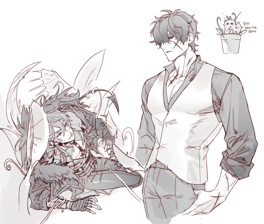 2boys, bags_under_eyes, black_gloves, black_hair, black_shorts, brown_hair, cactus, collared_shirt