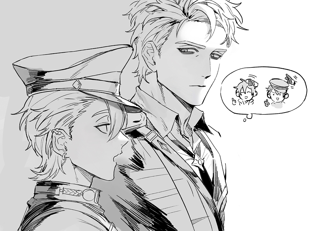 2boys, bags_under_eyes, chibi, collared_shirt, commentary_request, earrings, eiden_(nu_carnival), grey_background, greyscale, hat, jewelry, korean_commentary, looking_at_another, male_focus, messy_hair, military_hat, military_uniform, monochrome, multiple_boys, necktie, nu_carnival, official_alternate_costume, peaked_cap, quincy_(nu_carnival), quincy_(smoked_timber)_(nu_carnival), sesange, shirt, short_hair, simple_background, sketch, speech_bubble, star_pendant, thinking, thought_bubble, upper_body