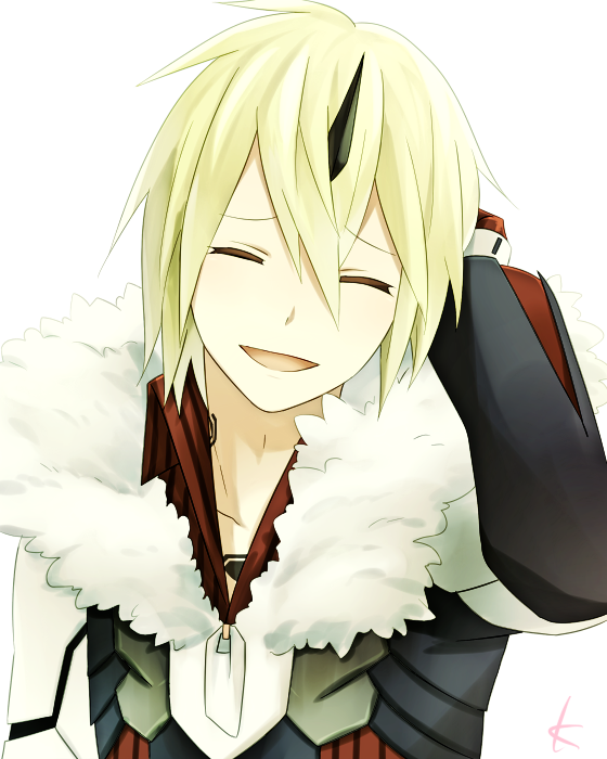 1boy, arm_up, blonde_hair, closed_eyes, commentary_request, deuman, fur-trimmed_jacket, fur_trim, hair_between_eyes, horns, jacket, kanade_(unchi_knd280), long_sleeves, male_focus, open_mouth, phantasy_star, phantasy_star_online_2, raised_inner_eyebrows, short_hair, simple_background, single_horn, smile, solo, theodor_(pso2), upper_body, white_background