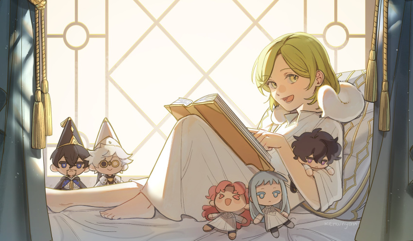 1girl, agott_arklaum_(tongari_boushi_no_atelier), artist_name, barefoot, bed_sheet, book, brushbuddy, character_doll