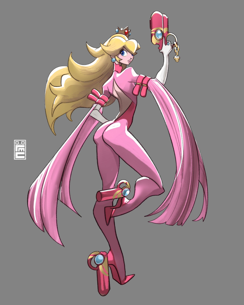 1girl, ankle_gun, artist_logo, bare_back, bayonetta, bayonetta_(cosplay), blonde_hair, bodysuit