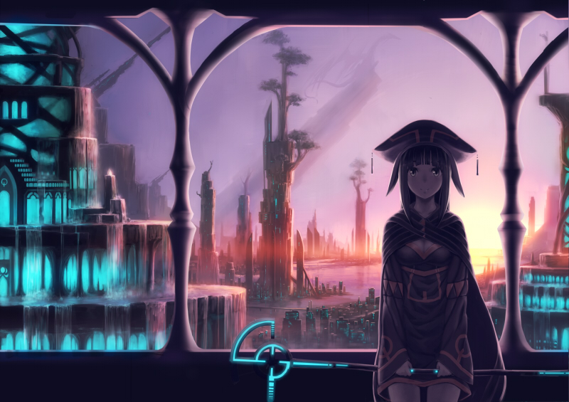 ac_(eshi), animal, animal_ears, black_hair, breasts, building, cape, city