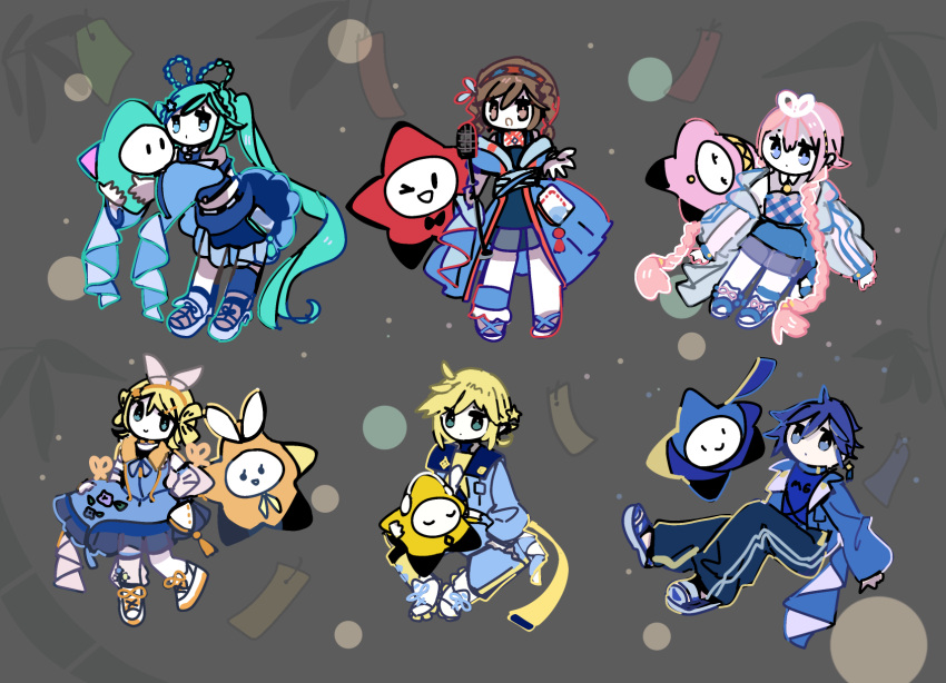 aqua_eyes, aqua_hair, bamboo, blonde_hair, blue_eyes, blue_hair, blue_jacket, blue_pants