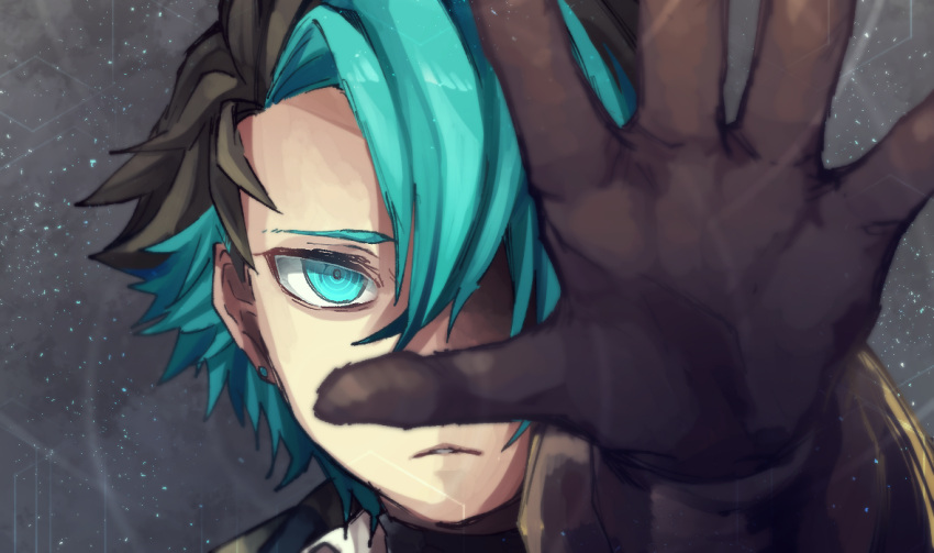 1boy, black_gloves, black_hair, close-up, ear_piercing, gloves, green_eyes, green_hair