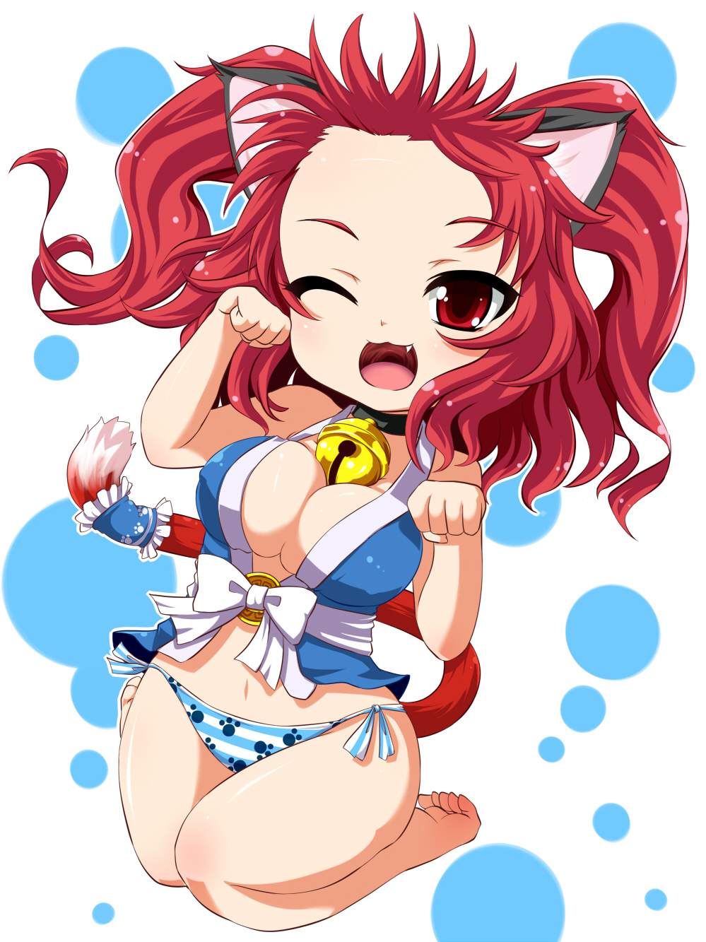 amau_(artist), animal_ears, barefoot, bell, breasts, cat_ears, cat_pose, cat_tail