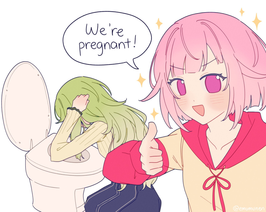 2girls, :d, blue_skirt, blunt_bangs, blunt_ends, blush, bob_cut, brown_hoodie