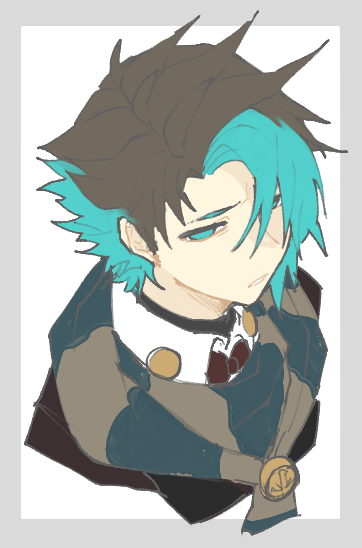 1boy, black_hair, border, flat_color, from_above, green_eyes, green_hair, grey_border