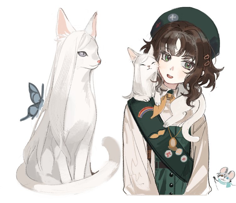 1girl, :d, animal_around_neck, animal_on_shoulder, animalization, badge, beret, blue_butterfly