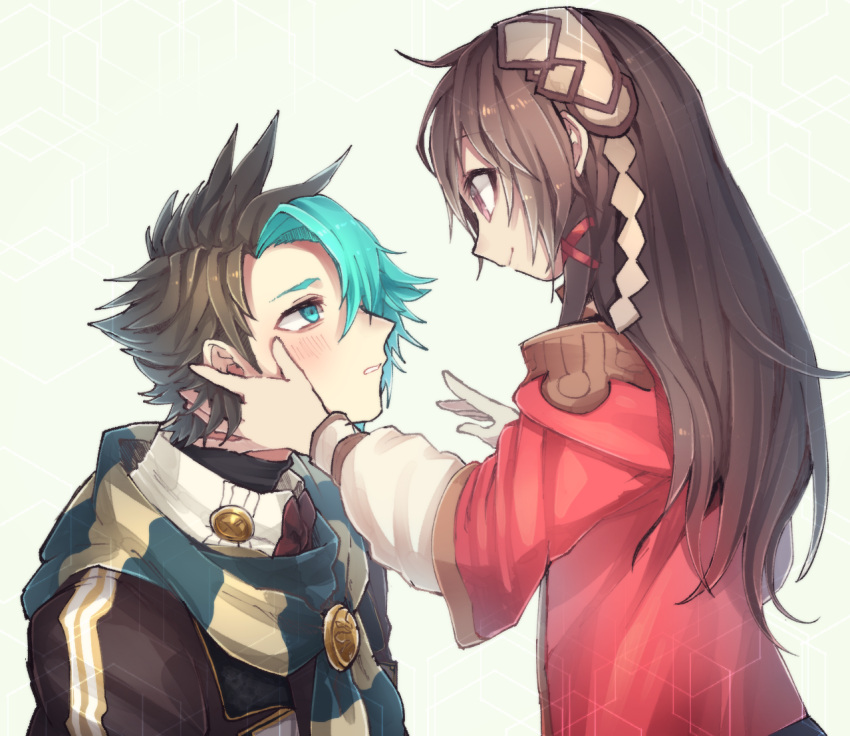 1boy, 1girl, black_hair, black_jacket, blush, closed_mouth, elena_wyllt_(grimms_notes), green_eyes