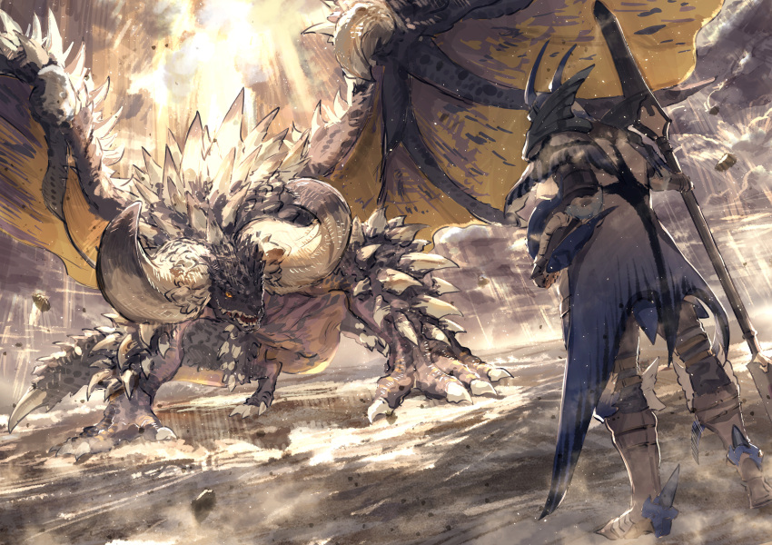 1boy, absurdres, armor, back, claws, commentary_request, debris, dragon