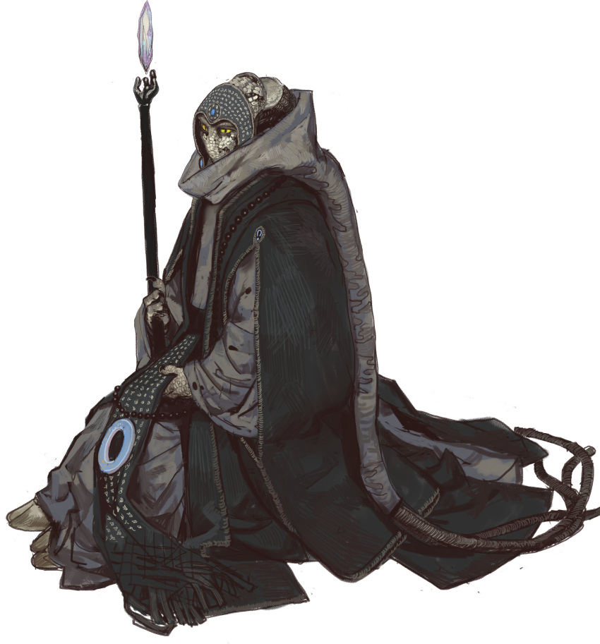 1boy, absurdres, green_tabard, grey_robe, headdress, highres, holding, holding_polearm