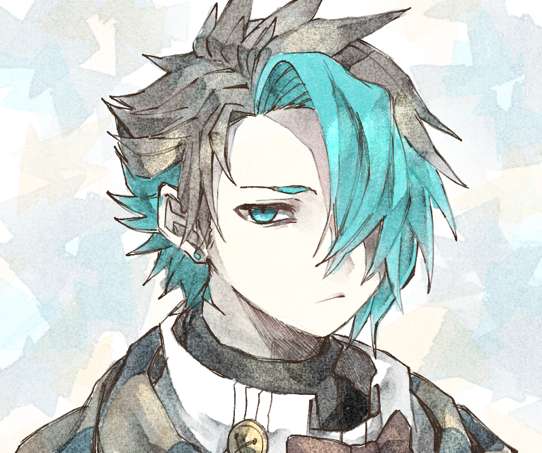 1boy, aqua_eyes, aqua_hair, black_hair, closed_mouth, ear_piercing, grimms_notes, hair_over_one_eye