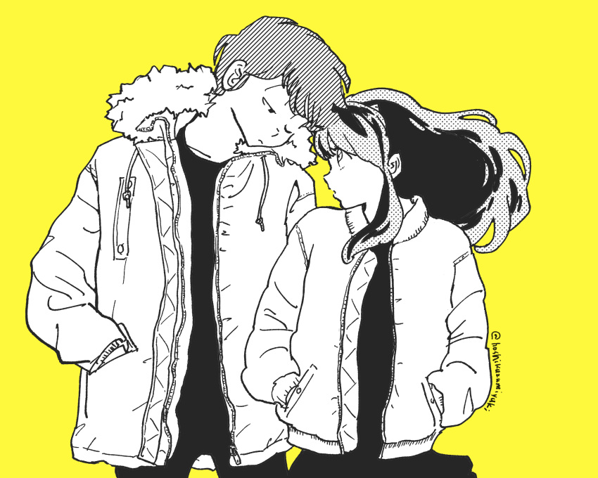 1boy, 1girl, black_dress, black_pants, black_shirt, coat, cowboy_shot, dress
