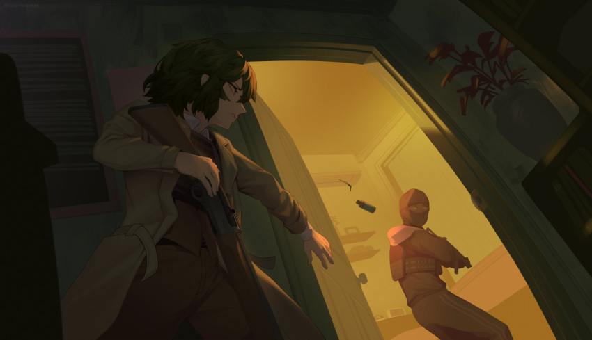 1boy, 1girl, black_hair, covered_face, gun, highres, indoors, original
