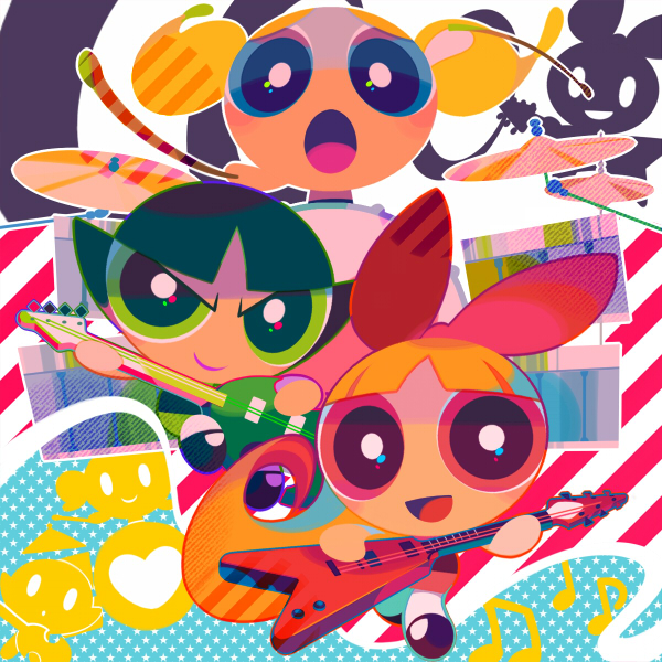 black_hair, blonde_hair, blossom_(ppg), blue_eyes, bubbles_(ppg), buttercup_(ppg), cartoon_network, drum
