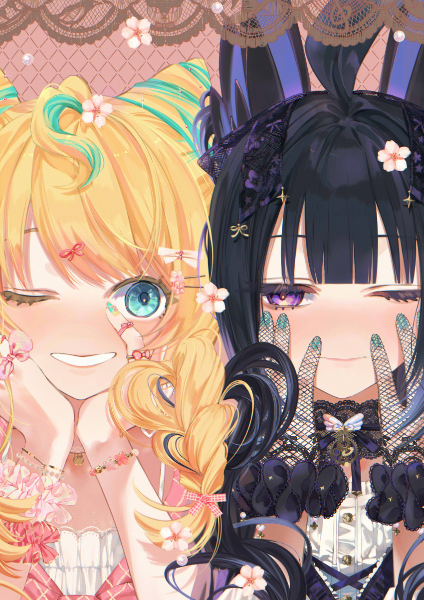 2girls, absurdres, ahoge, aqua_eyes, aqua_hair, aqua_nails, black_hair, blonde_hair
