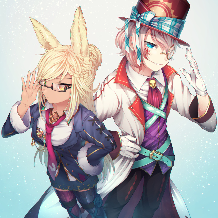 1boy, 1girl, animal_ears, aqua_belt, aqua_eyes, belt, belt_buckle, blue_jacket