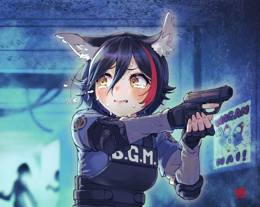 1girl, @_@, animal_ear_fluff, animal_ears, black_hair, blush, body_armor, clenched_teeth