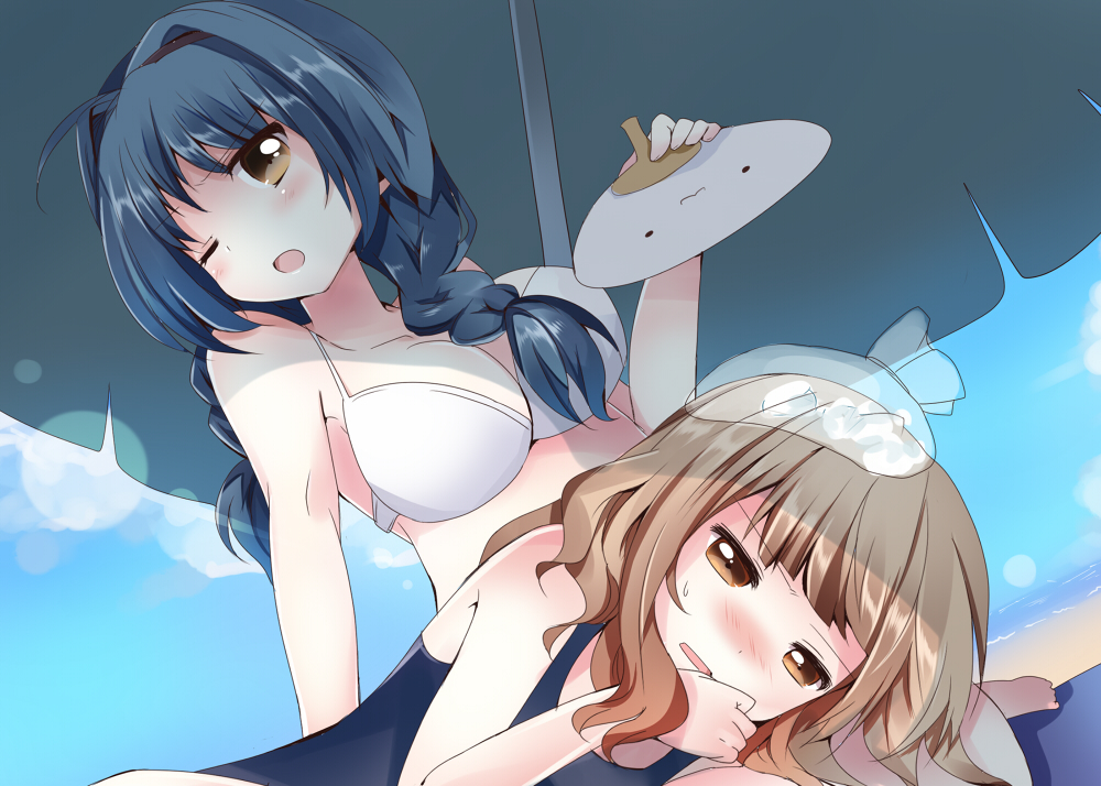 ;o, arm_support, bad_id, beach_umbrella, bikini, blue_hair, blush, braid
