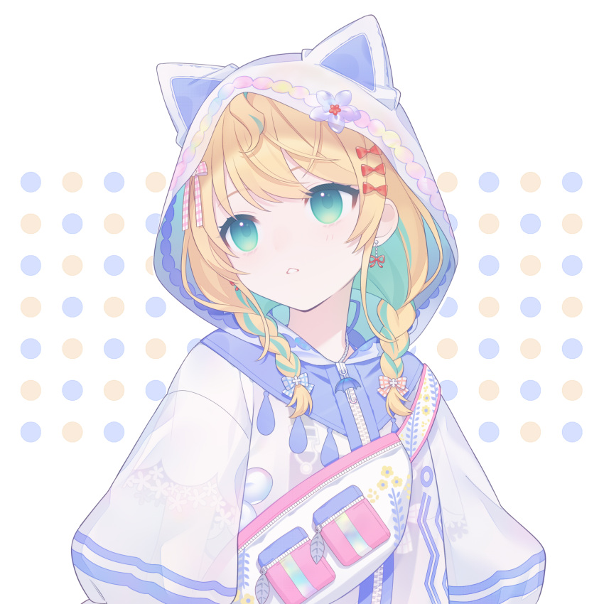 1girl, 28284c, ahoge, animal_hood, aqua_eyes, aqua_hair, blonde_hair, bow