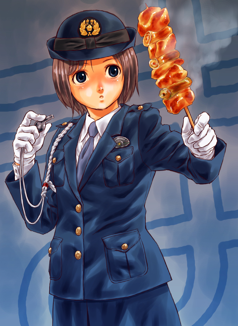 brown_hair, copyright_request, food, gloves, necktie, pizza_man, police, police_uniform