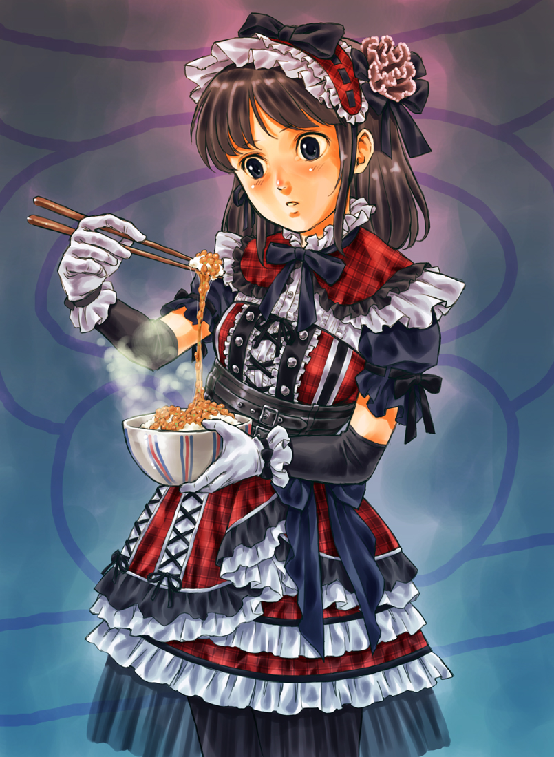 bowl, brown_hair, copyright_request, dress, food, frilled_dress, frills, gloves