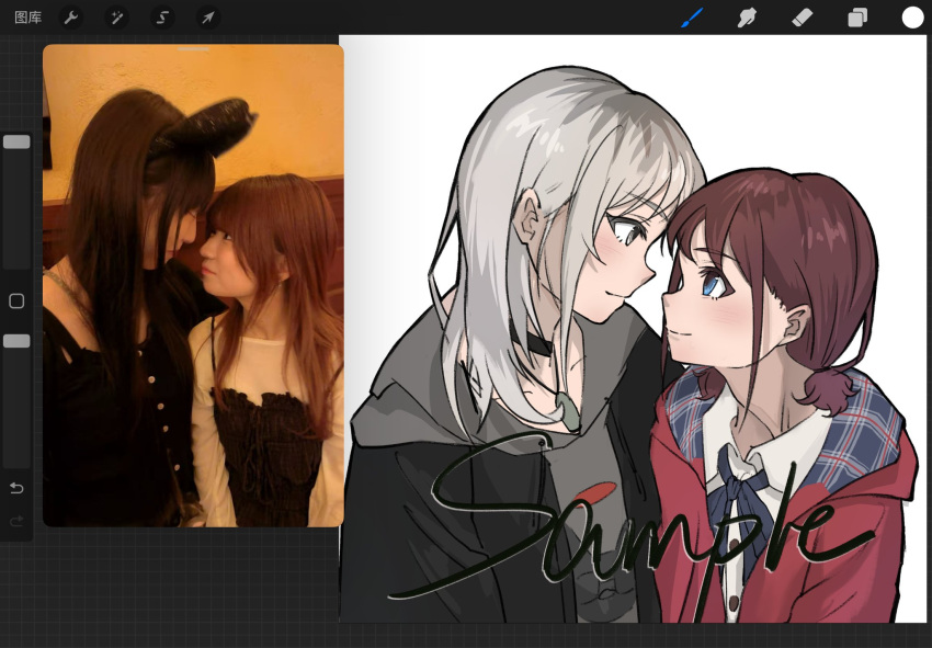 2girls, art_program_in_frame, black_choker, black_jacket, brown_hair, choker, closed_mouth, commentary_request, eye_contact, girls_band_cry, grey_eyes, grey_hair, grey_hoodie, highres, hood, hood_down, hoodie, iseri_nina, jacket, kawaragi_momoka, long_hair, looking_at_another, low_twintails, multicolored_hair, multiple_girls, procreate_(medium), red_jacket, reference_inset, rina_(voice_actor), roots_(hair), shirt, short_hair, short_twintails, twintails, voice_actor, voice_actor_connection, white_shirt, yuri, yuri_(voice_actor), zhuahen1215