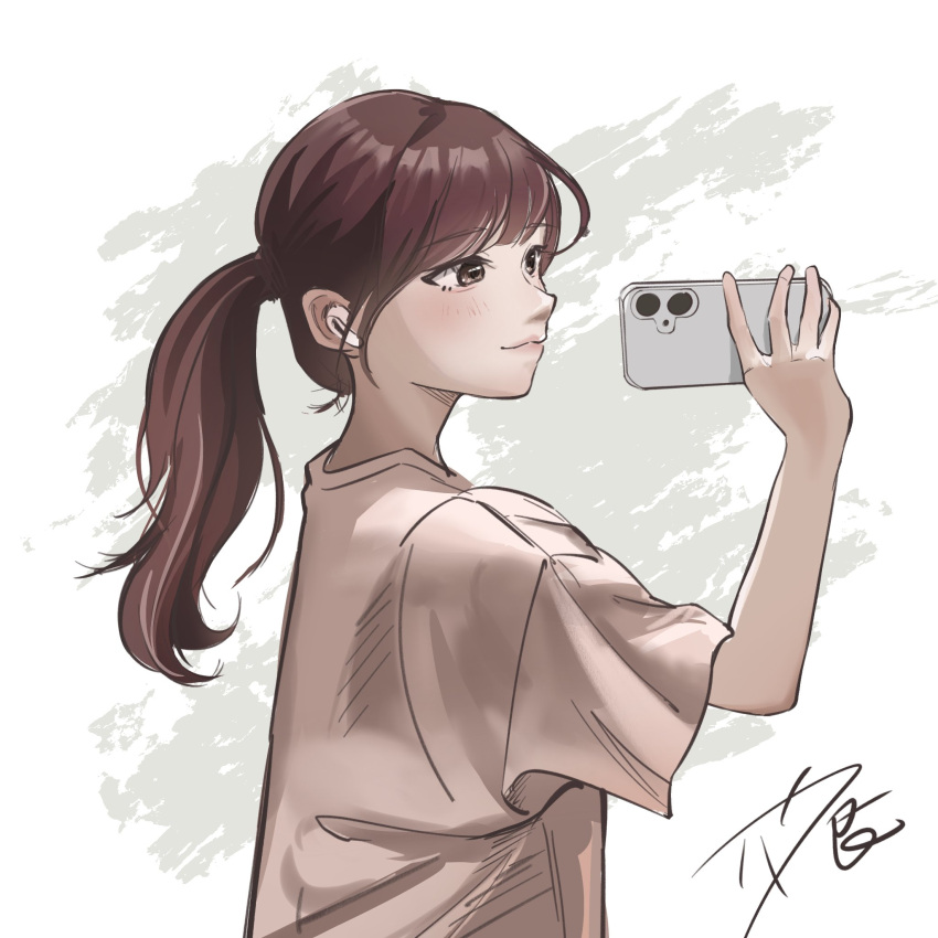 1girl, airpods, blush, brown_eyes, cellphone, commentary_request, highres, holding