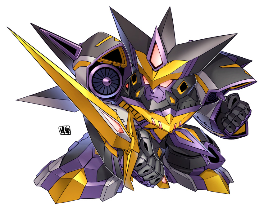 armor, commentary_request, full_armor, grungust_kai, highres, holding, holding_sword, holding_weapon, horns, mecha, mecha_focus, nakano_haito, no_humans, red_eyes, robot, shoulder_armor, solo, super_robot, super_robot_wars, super_robot_wars_alpha, super_robot_wars_original_generation, sword, weapon