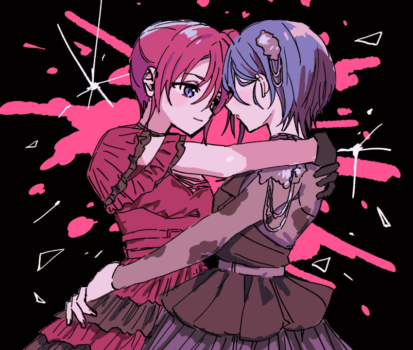2girls, akane_gokoro, arms_around_neck, arms_around_waist, black_gloves, blue_eyes, blue_hair, closed_mouth