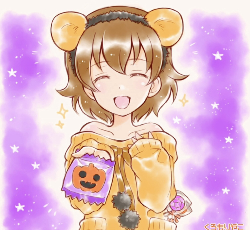 1girl, akaboshi_koume, animal_costume, bear_costume, brown_hair, candy, closed_mouth, commentary_request