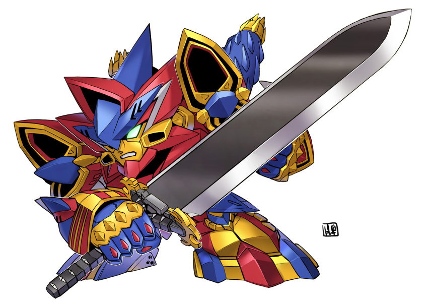 armor, commentary_request, grungust_sanshiki, highres, holding, holding_sword, holding_weapon, mecha