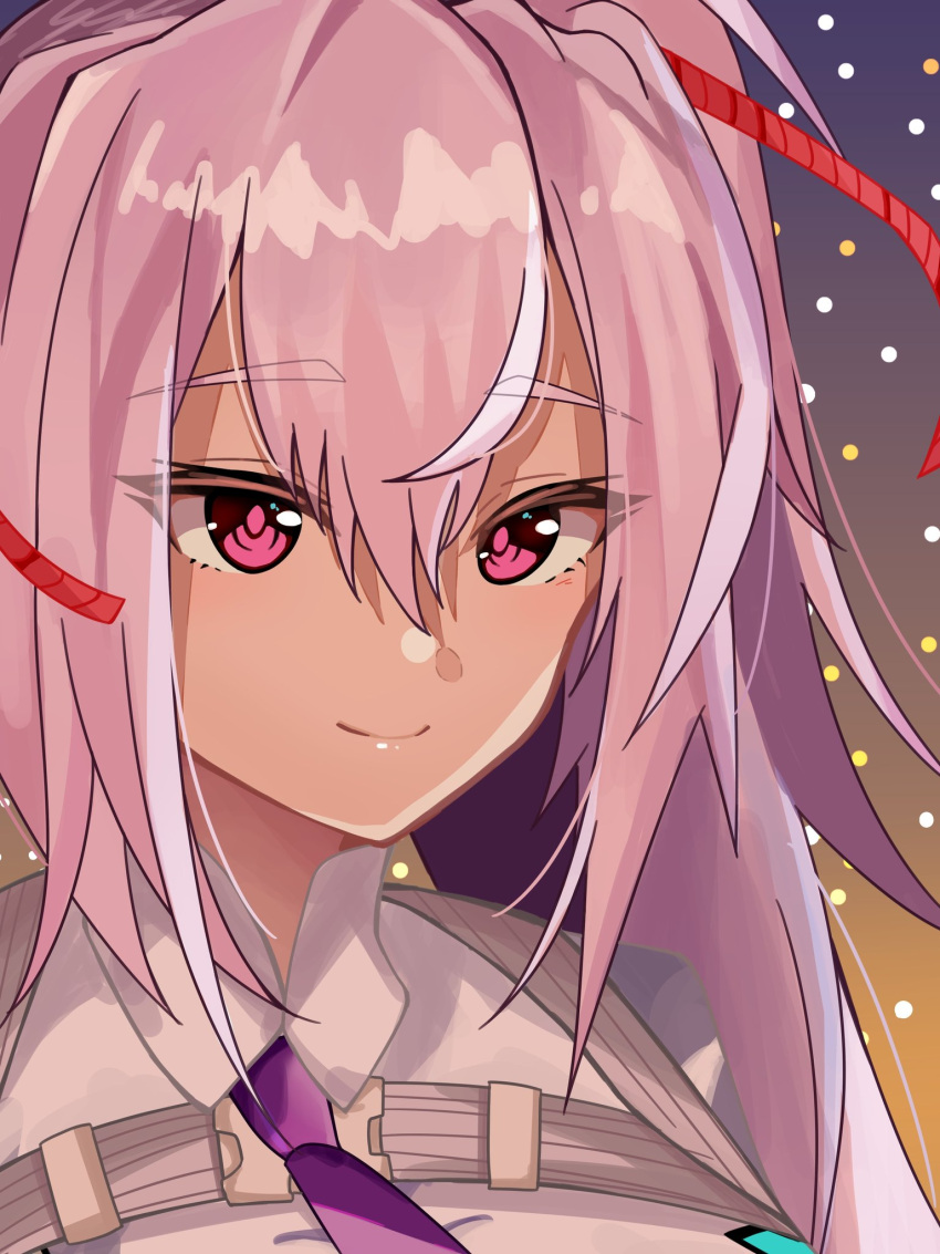 1girl, chest_harness, closed_mouth, collared_shirt, commentary_request, e69465, eyelashes, eyes_visible_through_hair