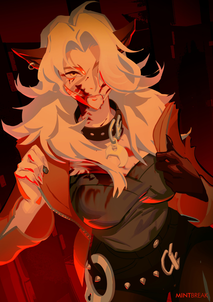 1girl, absurdres, animal_ears, blood, blood_on_clothes, blood_on_face, breasts, collar