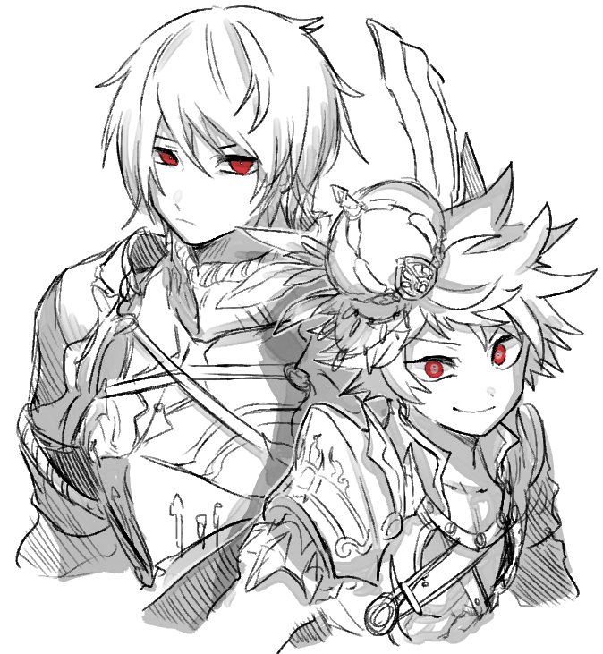2boys, alternate_height, armor, belt, chaos_galahad_(grimms_notes), chaos_jack_(grimms_notes), closed_mouth, cropped_torso