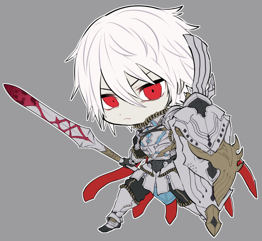 1boy, black_gauntlets, black_pants, chaos_galahad_(grimms_notes), chibi, chibi_only, full_body, grey_armor