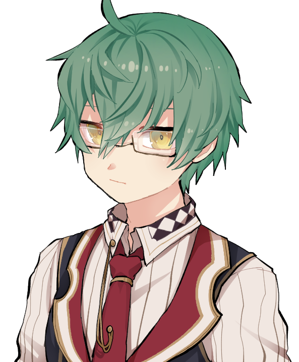 1boy, ahoge, black_vest, closed_mouth, collared_shirt, green_hair, grimms_notes, hair_between_eyes