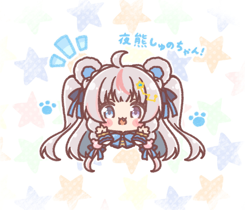 1girl, :d, ahoge, animal_ears, bear_ears, blue_bow, blue_eyes, blush_stickers