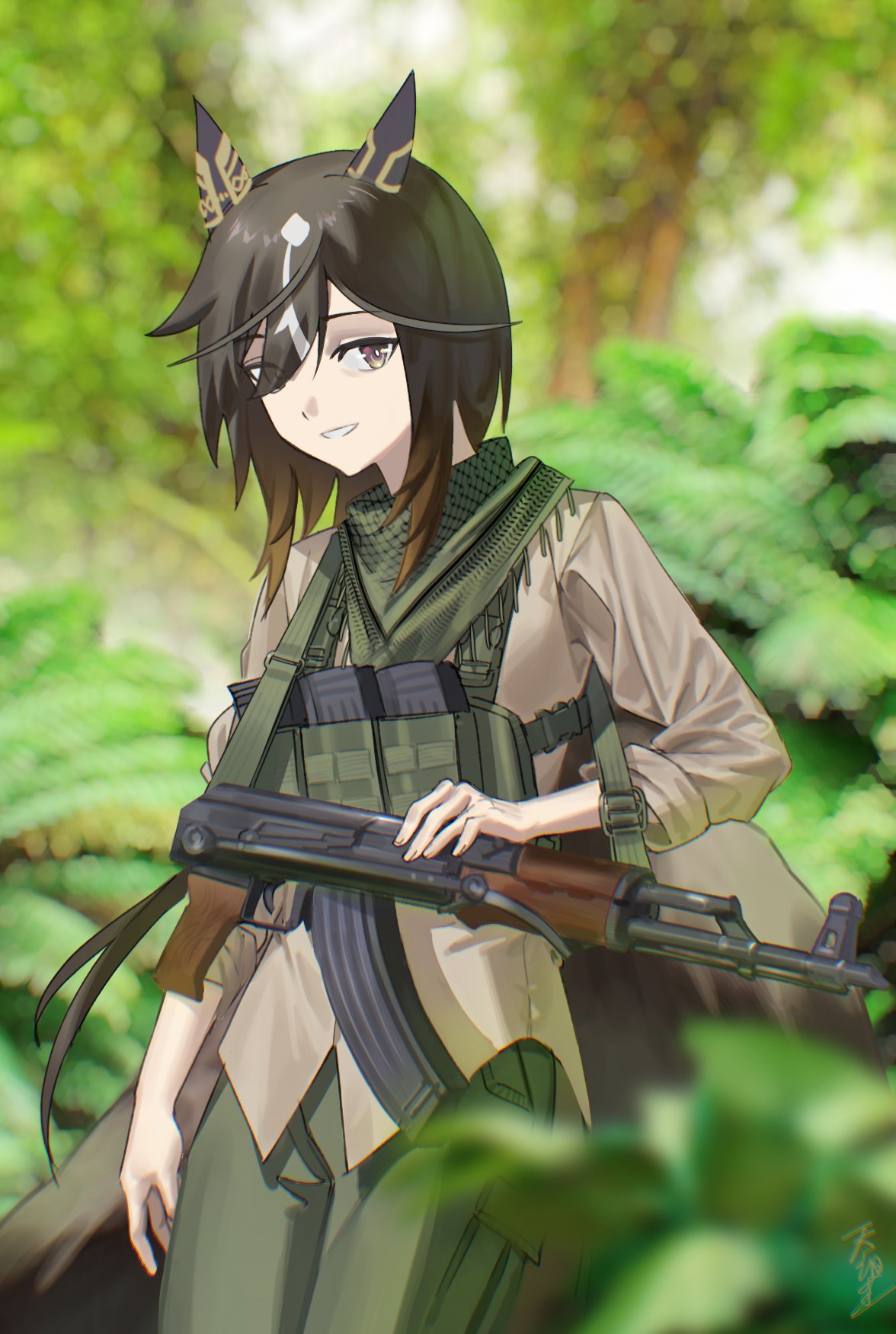 1girl, aks-47, ammunition_pouch, animal_ears, assault_rifle, black_hair, blurry, blurry_foreground, brown_eyes, brown_hair, brown_shirt, commentary_request, cowboy_shot, ear_covers, green_pants, green_scarf, gun, gun_sling, hair_over_one_eye, highres, horse_ears, horse_girl, jungle, kalashnikov_rifle, keffiyeh, korean_commentary, long_hair, long_sleeves, looking_at_viewer, matoi_sakuretsu, nature, outdoors, pants, plant, pouch, rifle, scarf, shirt, sidelocks, smile, solo, standing, stay_gold_(umamusume), umamusume, upper_body, weapon