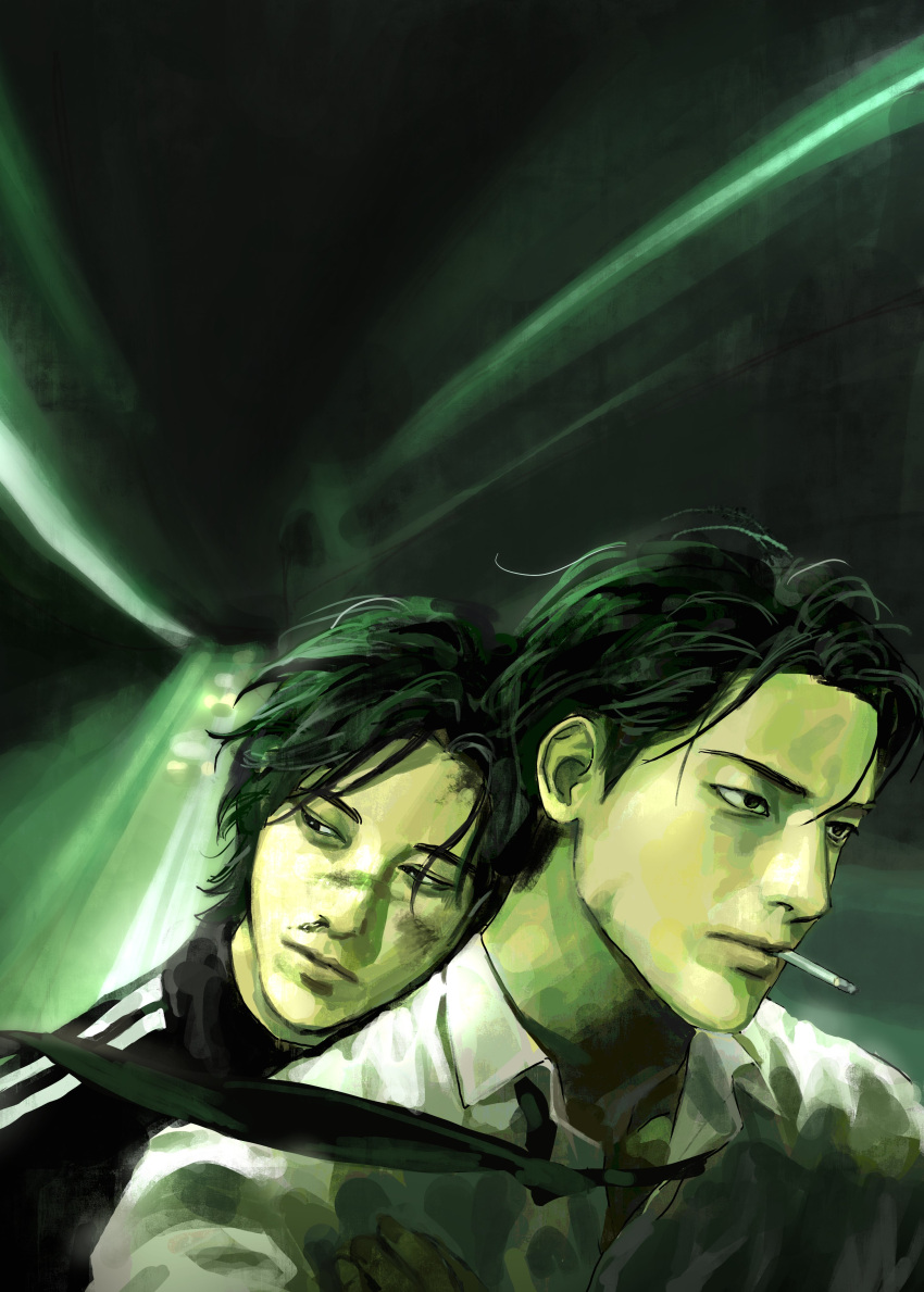 2boys, absurdres, ahn_pyeong-hwa_(master-peace), black_hair, black_jacket, black_necktie, blood, bruise