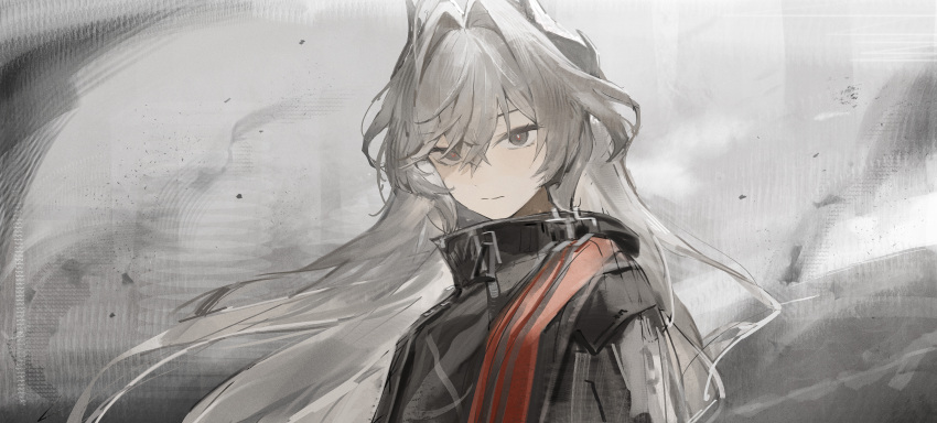 1girl, absurdres, arknights, arknights:_endfield, black_jacket, closed_mouth, commentary, english_commentary, expressionless, grey_background, grey_eyes, grey_hair, hair_between_eyes, hair_intakes, highres, incredibly_absurdres, jacket, k1m0w07, long_hair, looking_at_viewer, lycia_(arknights), solo, upper_body, zipper