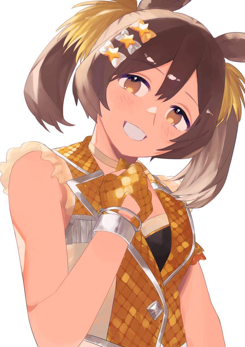 1girl, absurdres, animal_ears, belt, black_shirt, blush, bow, breasts