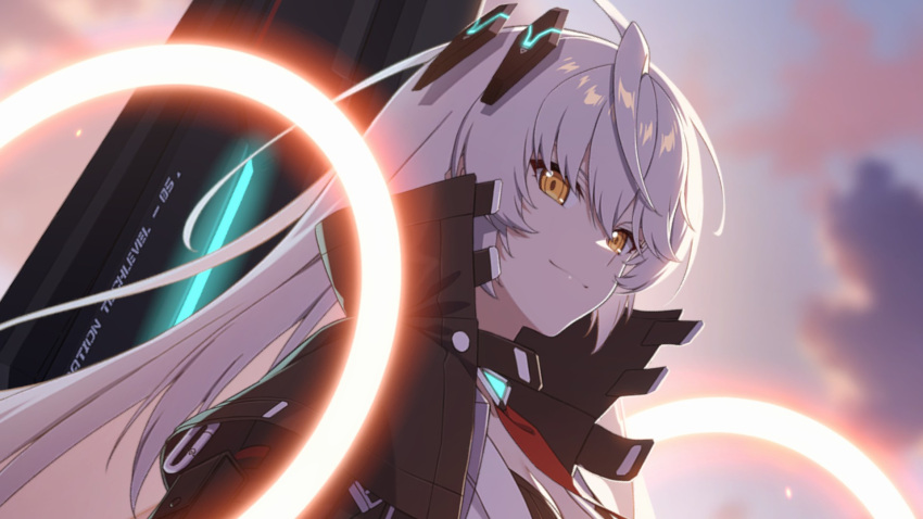 1girl, black_jacket, commentary_request, counter:side, grey_hair, hair_between_eyes, highres, hilde_(counter:side)