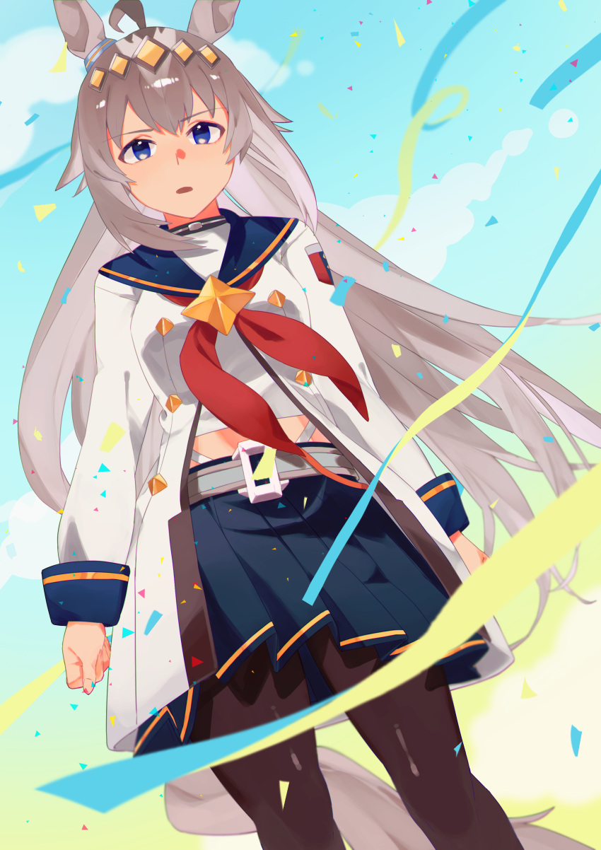 1girl, absurdres, ahoge, animal_ears, blue_eyes, blue_sailor_collar, blue_skirt, breasts, brooch, brown_pantyhose, cino-momo, commentary_request, confetti, ear_ornament, grey_hair, grey_tail, hair_between_eyes, hairband, highres, horse_ears, horse_girl, horse_tail, jacket, jewelry, long_hair, long_sleeves, medium_breasts, midriff, multicolored_hair, neckerchief, oguri_cap_(starlight_beat)_(umamusume), oguri_cap_(umamusume), open_mouth, panty_straps, pantyhose, pleated_skirt, red_neckerchief, sailor_collar, shirt, skirt, solo, star_brooch, streamers, tail, umamusume, white_jacket, white_shirt