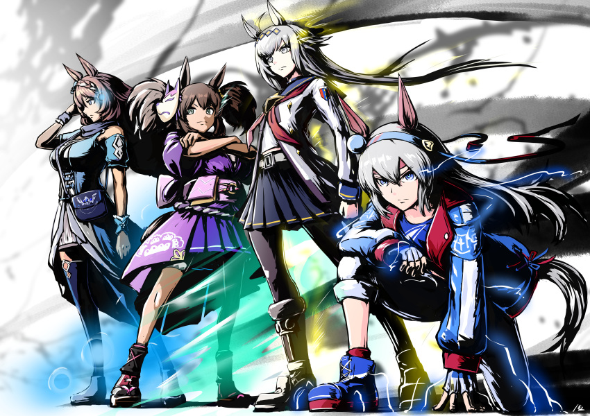 152_in_can, 4girls, absurdres, animal_ears, bag, blue_bag, blue_dress, blue_eyes