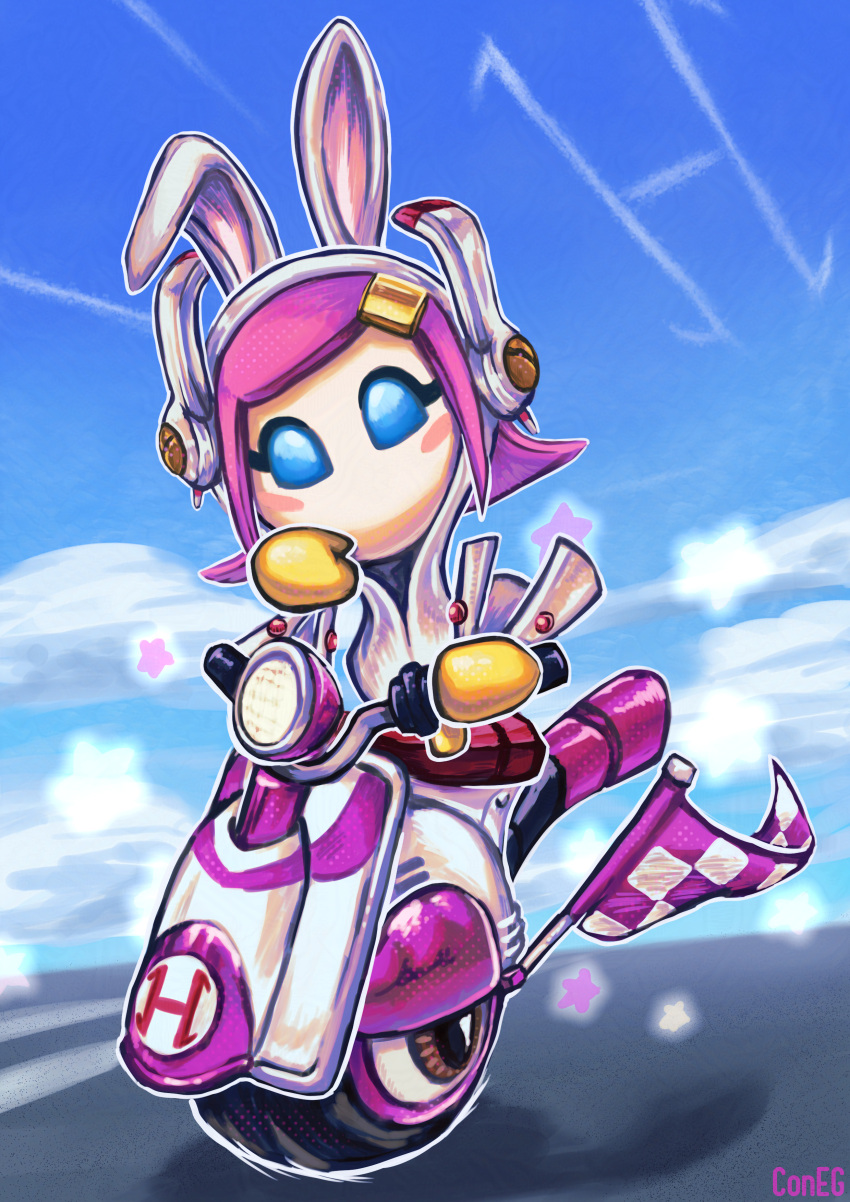 1girl, absurdres, animal_ears, artist_name, blue_eyes, blue_sky, blush_stickers, checkered_flag, commentary, coneg, english_commentary, exhaust_pipe, fake_animal_ears, flag, highres, kirby_(series), kirby_air_ride, kirby_air_riders, outdoors, pink_hair, rabbit_ears, sky, solo, star_(symbol), susie_(kirby), wheelie_scooter