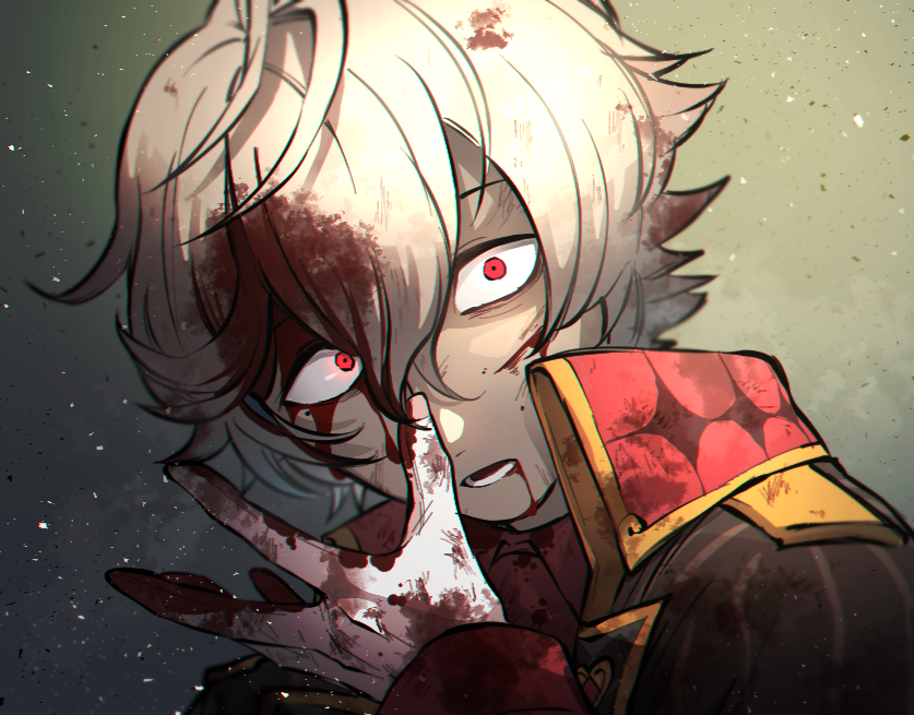 1boy, antenna_hair, black_coat, blood, blood_from_mouth, blood_in_hair, blood_on_clothes, blood_on_face