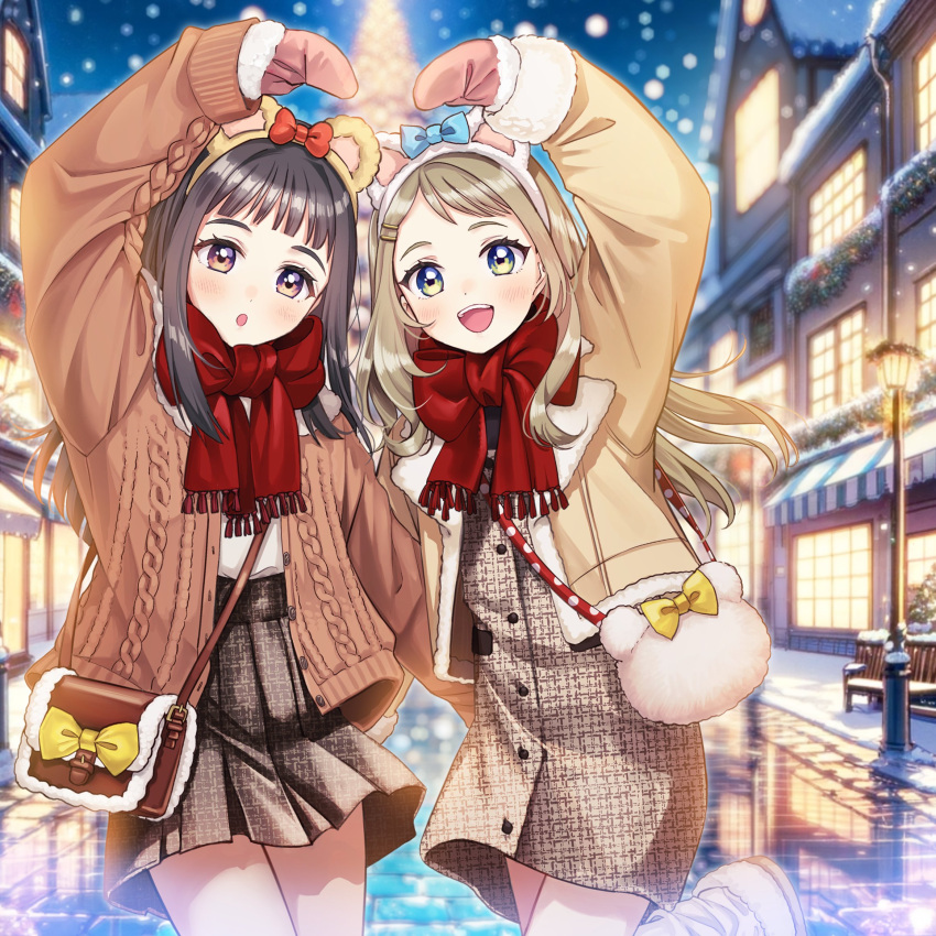 2girls, :d, :o, animal_bag, animal_ear_hairband, animal_ears, bag, bench